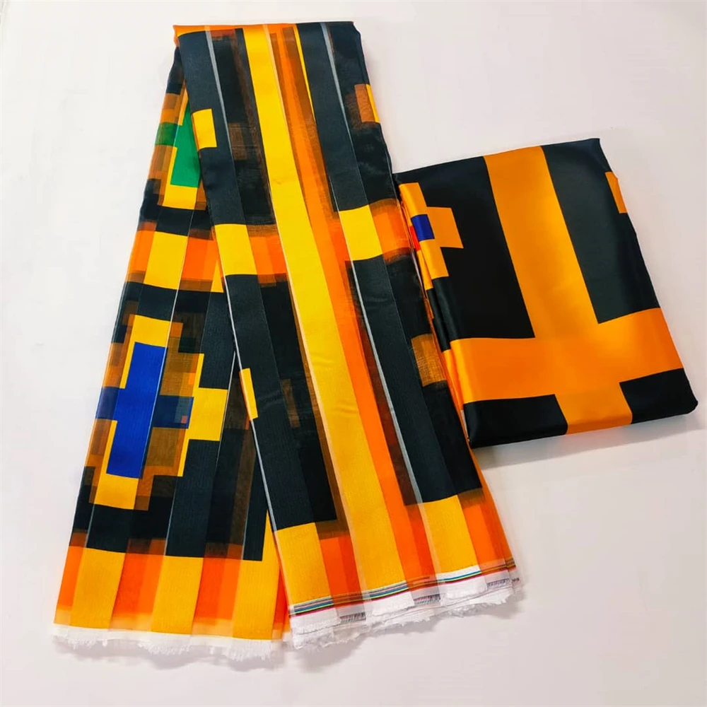 

3+3 Yards African Silk Wax Style Ribbon Organza Fabric And Satin Blouse African Fabrics For Women Dress