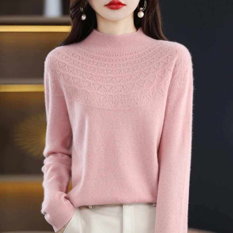 

100% Merino Wool Sweater Ladies Half Turtleneck Wispy Pullover 22Autumn/Winter New Thin Knitted Bottoming Shirt Warm Top