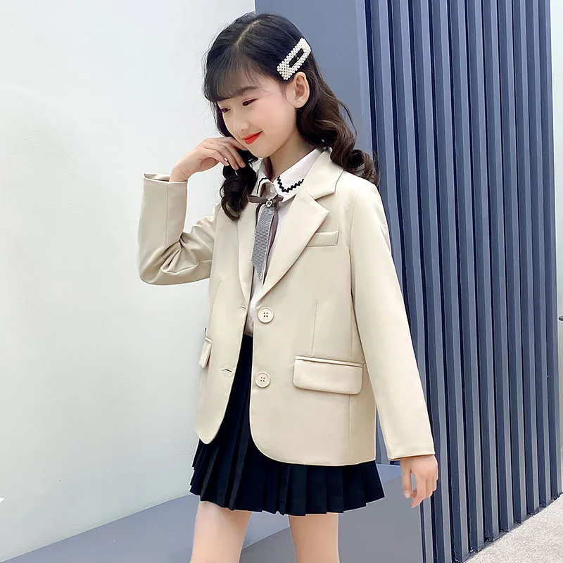 

4-14 Years Girls Beige Blazer Kids Single Breasted Fashion Jacket Teenager British Style Outerwear Children Long Sleeve Clothes