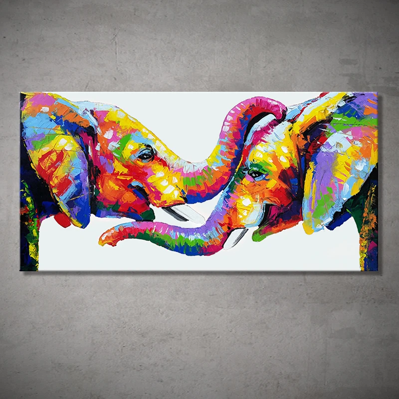 

100% Handmade Handpainted Oil Paintings On Canvas Large Color Block Couple Elephant Lovers Wall Art Mural Living Room Home Decor
