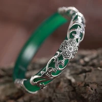 natural open 925 sterling silver four leaf clover inlaid white green jade personality temperament ladies jewelry bangles