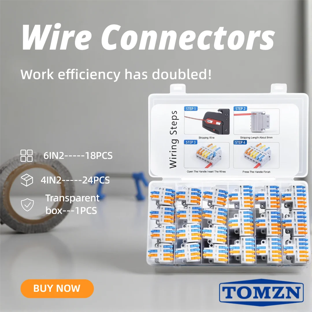 Фото Соединители для проводов TOMZN, прозрачные, 6IN2 (18 шт.), 4IN2 (24 шт.), 28-14AWG (0.08-2.5) ㎜ ² L и N + и - Оранжево-синий №1