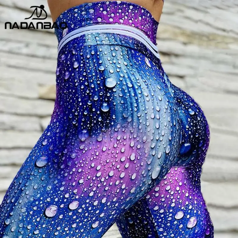 NADANBAO New High Waist Leggings 3D Water-bead Printed Casual Pants Fashion Blue Purple Gradient Pencil Leggins Stretch Trouser