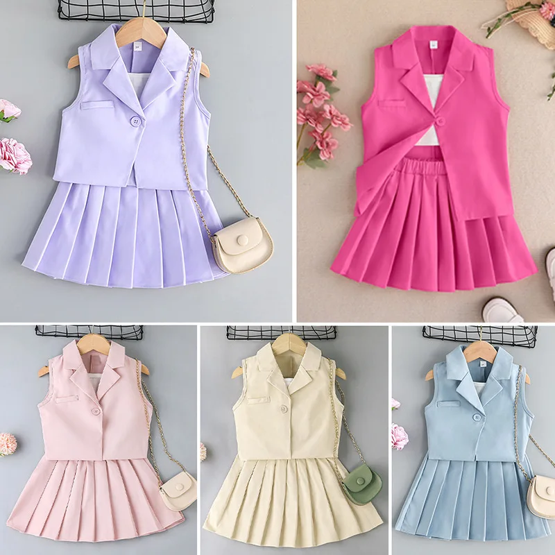 

2023 Summer Baby Girls Suspenders T-shirt+Skirts+Sleeveless Vest Coat Three-piece Set 3-8Y Kids English Style Pleated Skirt Suit