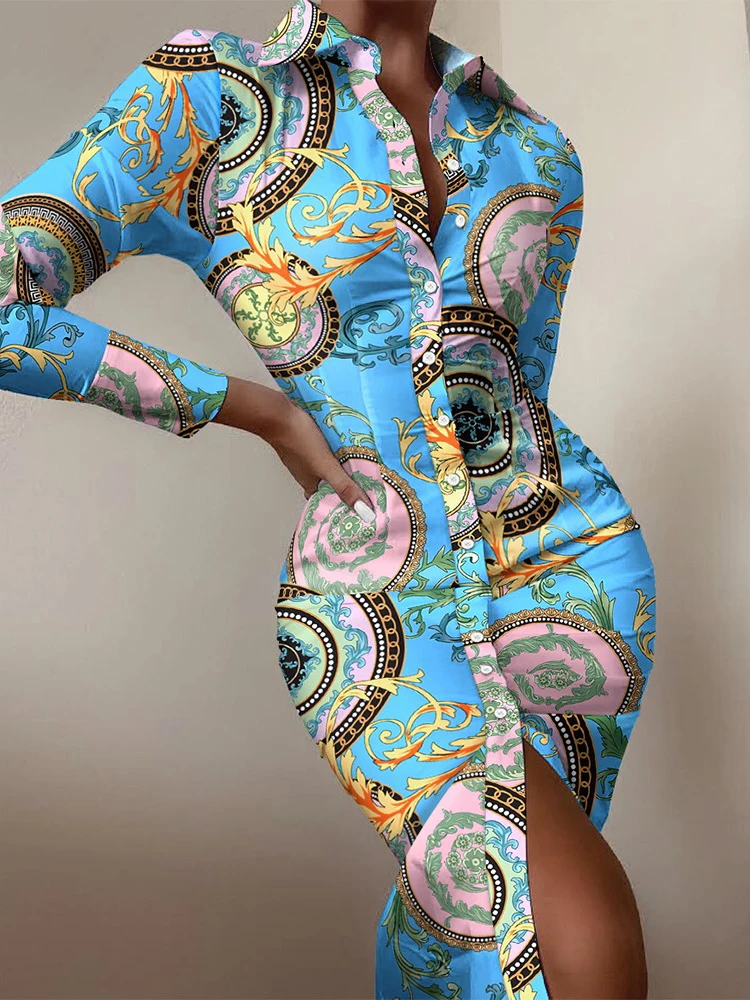 

Dresses For Women 2022 Y2K Baroque Print Long Sleeve Button Down Shirt Dress Vestido Elegance Midi Robe Free Shipping