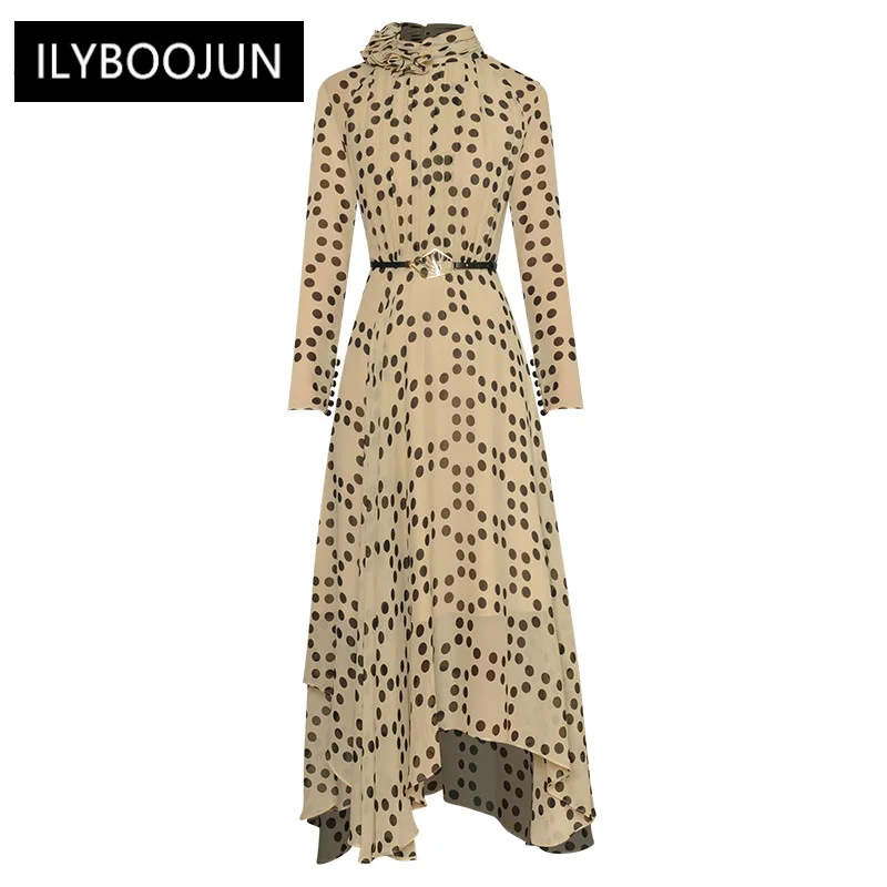 

Dresses For Women 2023 Runway Luxury Brand High Quality Elegant Summer Stand Collar Long Sleeve Polka Dots Lace-up Chiffon Dress