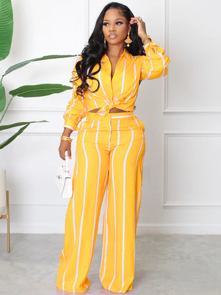 

Znaiml Striped Print Shirt Top and Wide Leg Pants Matching Suit Office Lady Outfits for Women Elegant Work Wear Two Piece Set