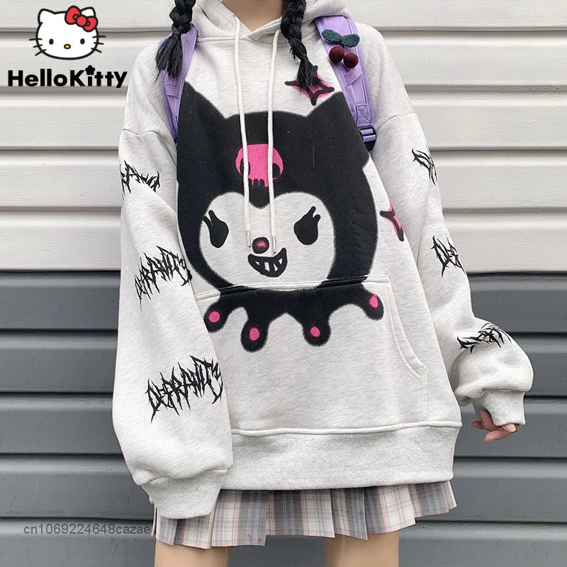 

Новый свитер Kawaii Sanrio Kuromi осень-зима женский плюшевый утепленный Свободный Топ с капюшоном и длинным рукавом свитер для пар