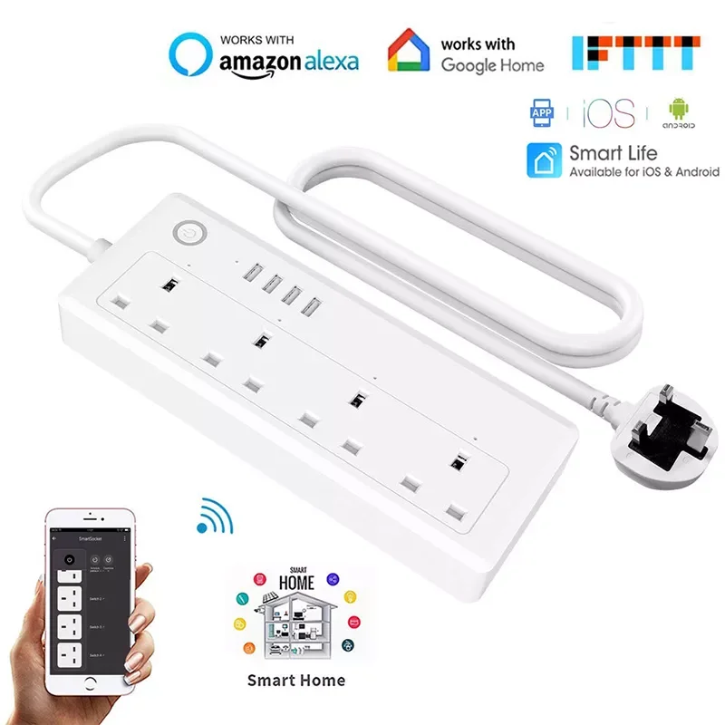 

Wifi Smart Power Strip US UK EU Outlets Plug with 4USB Charging Port Timing App Voice Control for Google Home Amazon alexa IFTTT