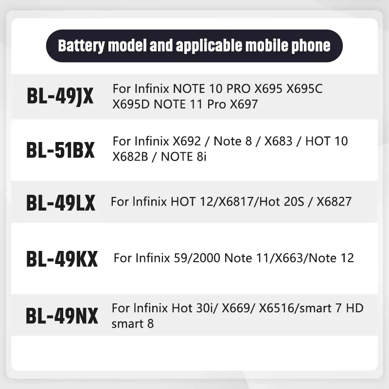 Фото Сменный аккумулятор для телефона BL-49JX BL-51BX BL-49LX BL-49KX BL-49NX для Infinix Note Hot 12 X692 X669 X6817 Smart 7 8 №2
