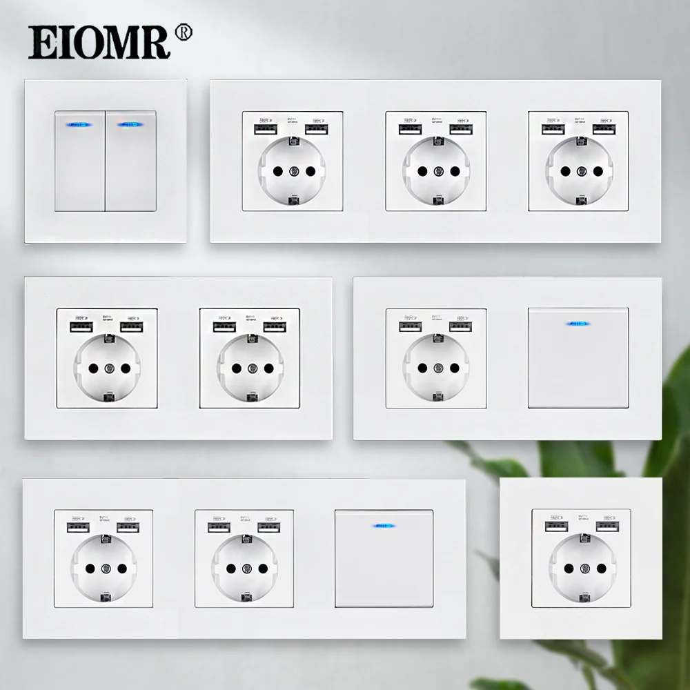 

EIOMR EU Standard 16A with USB Wall Sockets AC 110-250V with Led Indicator Switchs White Flame Retardant PC Panel Power Outlets