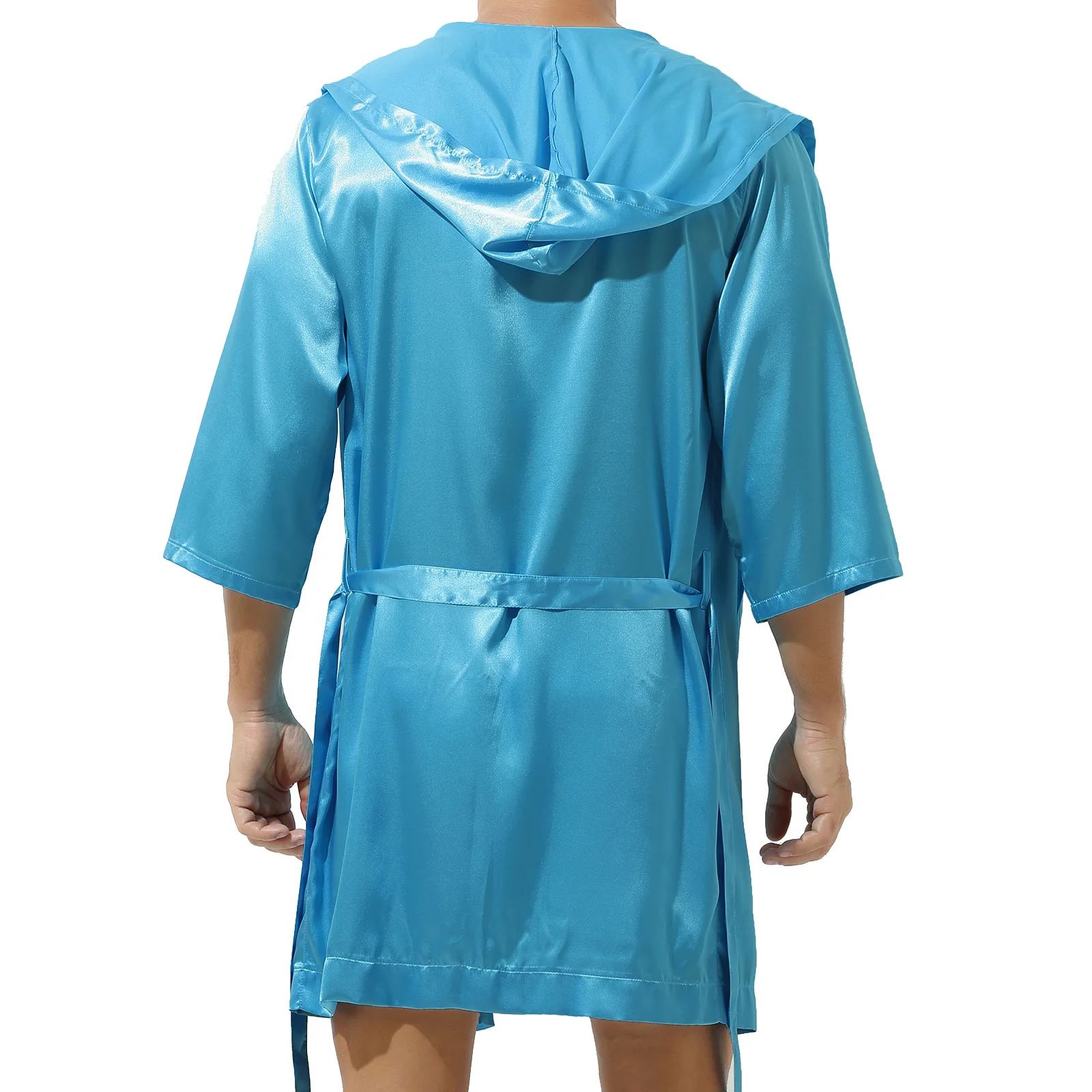 Mens Robe Sets Loungewear Open Front Hooded Night-robe Satin Sleepwear Belted Kimono Half Sleeve Bathrobe Nightwear