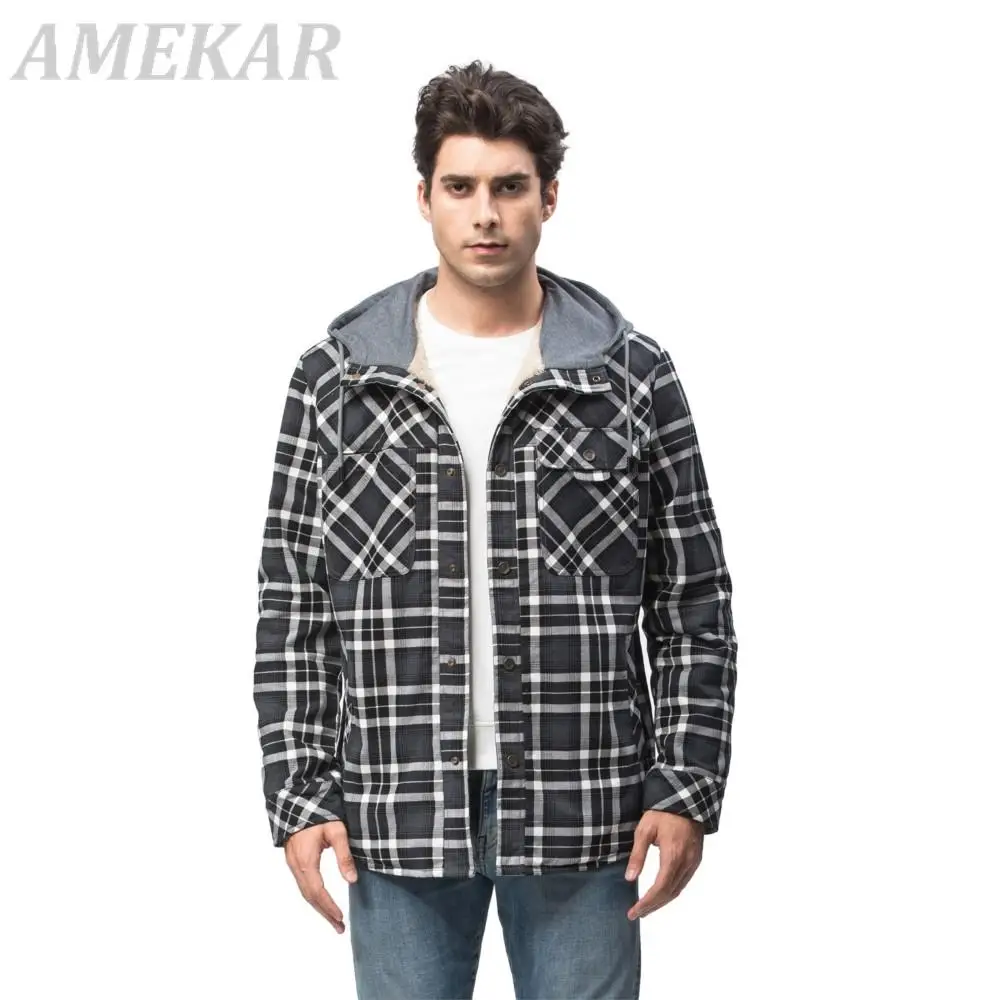 

2022 Autumn Winter Plaid Flannel Shirt For Men Thick Warm Long Sleeve Fleece Hooded Shirts Cotton Mens Designer Clothes Men