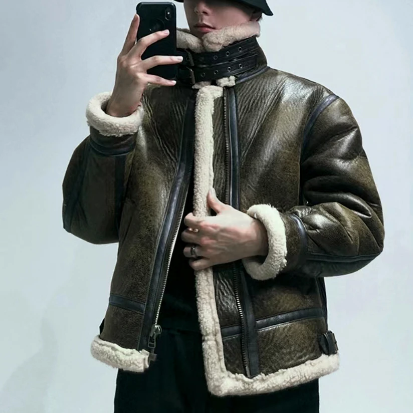 

Thick Brown Cracking Leather Shearling Jacket Men 100% Natural Sheepskin Fur Winter Man Leather Coats Warm B3 Bomber Clothing