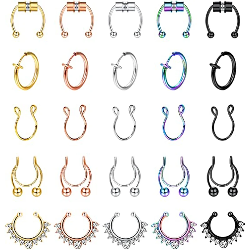 

25 шт. Поддельные кольца для носа, кольца, кольца, серьги из нержавеющей стали, клипсы на нос, кольцо, искусственная кожа, кольцо для губ, не про...