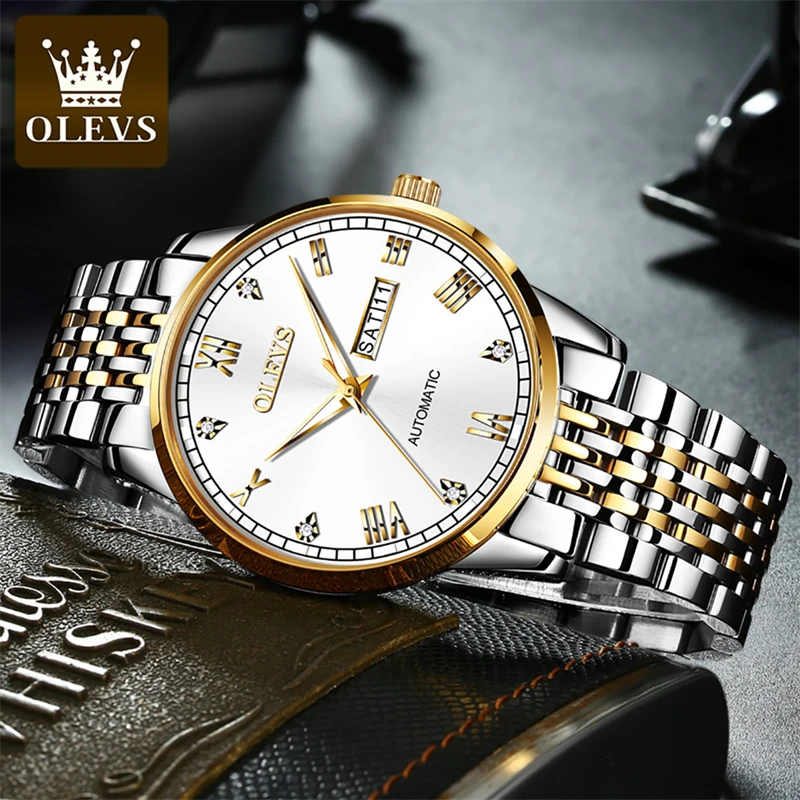 OLEVS Brand New Luxury Men Automatic Watch Fashion Stainless Steel Strap Mechanical Watch Week Calendar Waterproof Reloj Hombre enlarge