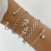 boho mix leaf letter graphic geometric multilayer chain silver color bracelet for women wrap bracelet charm jewelry gift