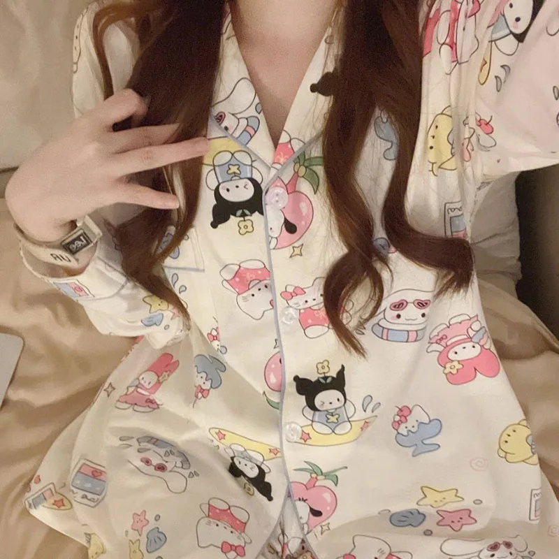 

Женский пижамный комплект Sanrio, новый весенне-осенний кардиган с длинными рукавами и изображением милого котенка, домашняя одежда