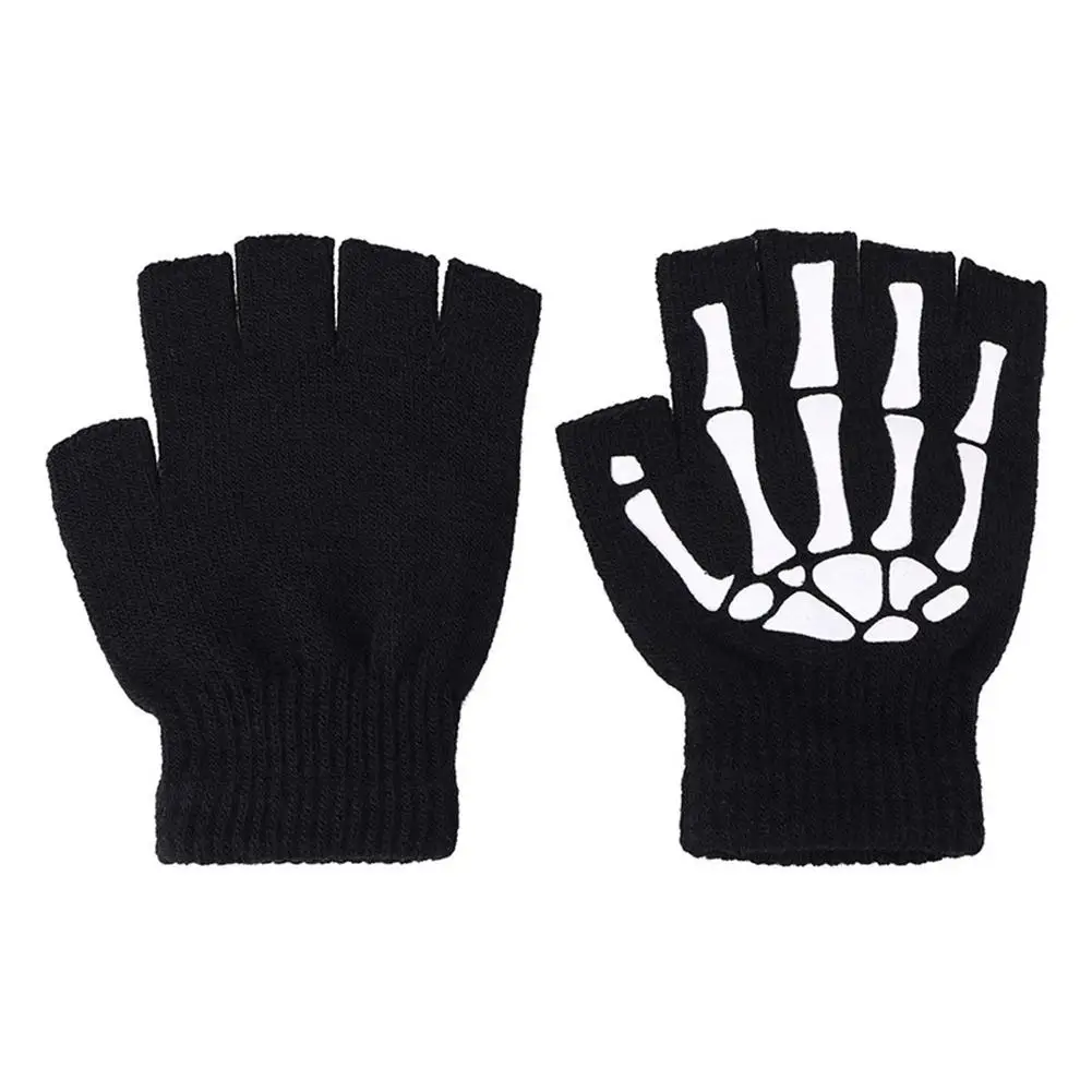 Хэллоуин Панк Перчатки Скелет Череп Полупальцы Зима Вязаные эластичные перчатки