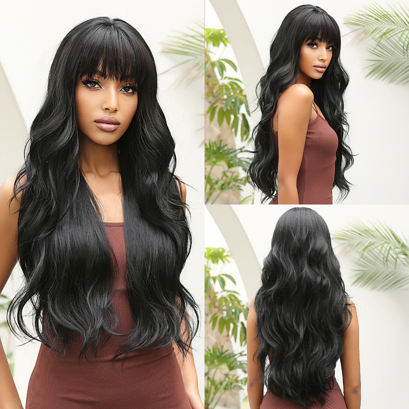 

Long Wavy Synthetic Hair Wig Natural Black Wigs with Bangs Dark Brown Hair Heat Resistant Fiber Cosplay Daily Use Wig for Women