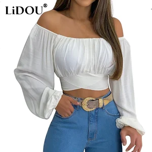 2022 Summer Women's Sexy One Word Collar Ruched Cross Lace Up Lantern Long Sleeve Crop Top Shirt Blo