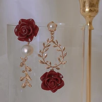 sheshine red rose flower leave long evening earring for women asymmetric ear stud pearl silver needle retro gift party ear clip
