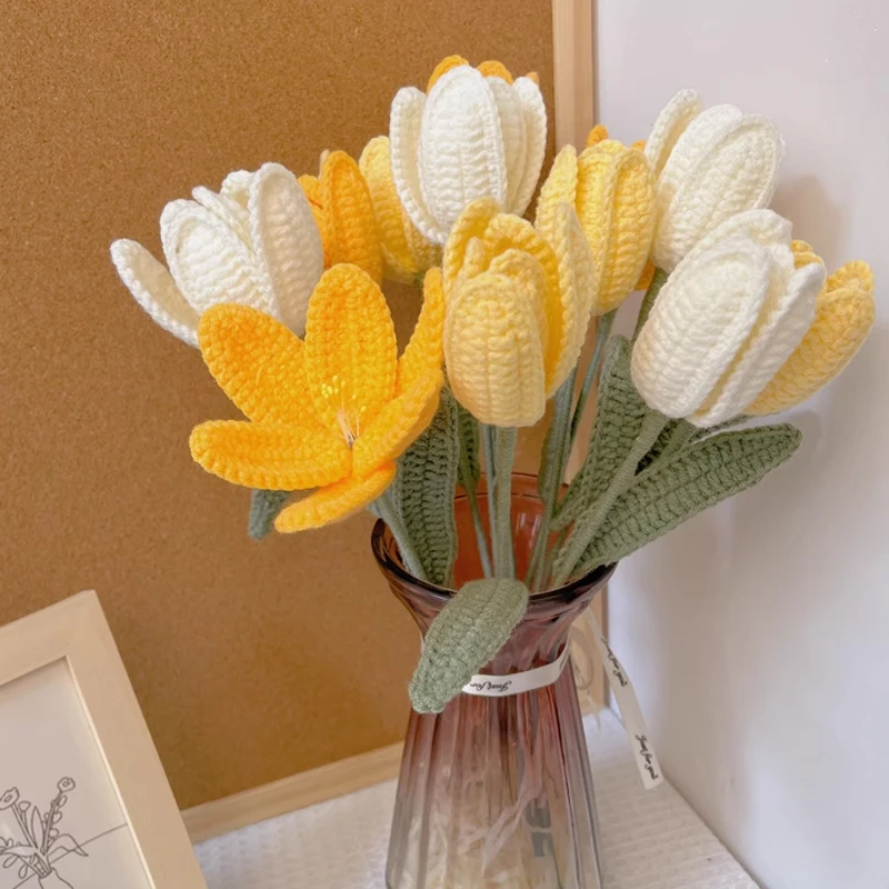 

1pcs Knitted Artificial Flowers Crochet Tulips for Home Decor Cotton Yarn Fake Flower for Vase Handmade Mother's Day Gift Friend