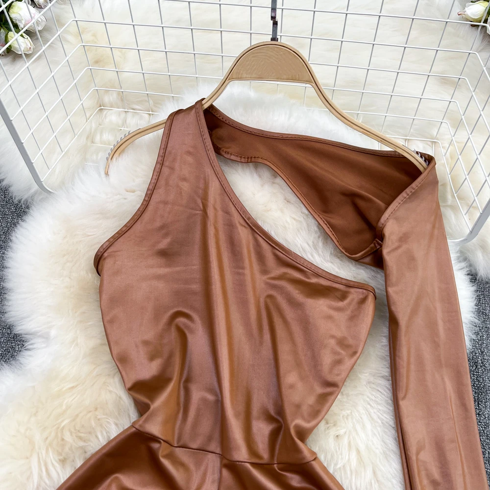 Clothland Women Sexy PU Leather Slim Jumpsuits One Sleeve Cut Out Backless Vintage Stretchy Long Playsuits Mujer KA289