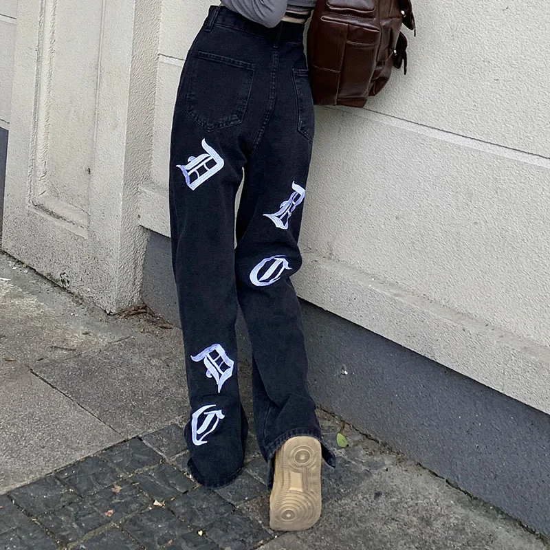 

Harajuku Women's black Wide Leg Jeans Embroidered letters American Y2K casual oversized straight pants Women 90S Baggy Trousers
