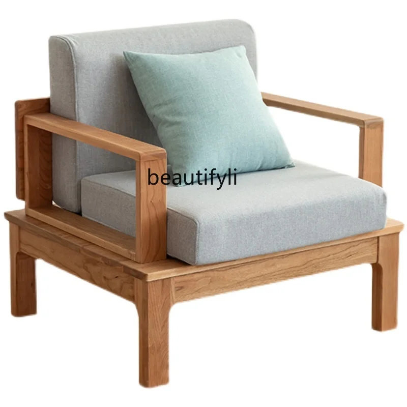 

Nordic Cherrywood Solid Wood Sofa Light Luxury Black Walnut Log Combination Sofa Small Apartment Living Room Fabric Craft Sofa