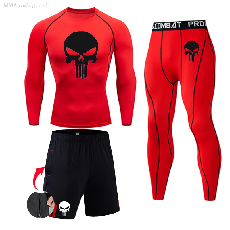 Spring Sports Underwear Male skull T-shirt Fitness Leggings Running shorts Compression Sports Second skin Workout Clothes Set images - 6