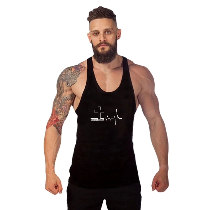

Christ Lives Here Cross Heartbeat Christian Jesus Faith Inspirational gym Gym t-shirt man men tank tank top men For Men Male sle