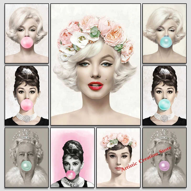 

Elizabeth II Marilyn Monroe Hepburn Blow Bubbles Balloon Posters Flowers Canvas Painting and Print Pictures Wall Art Home Decor