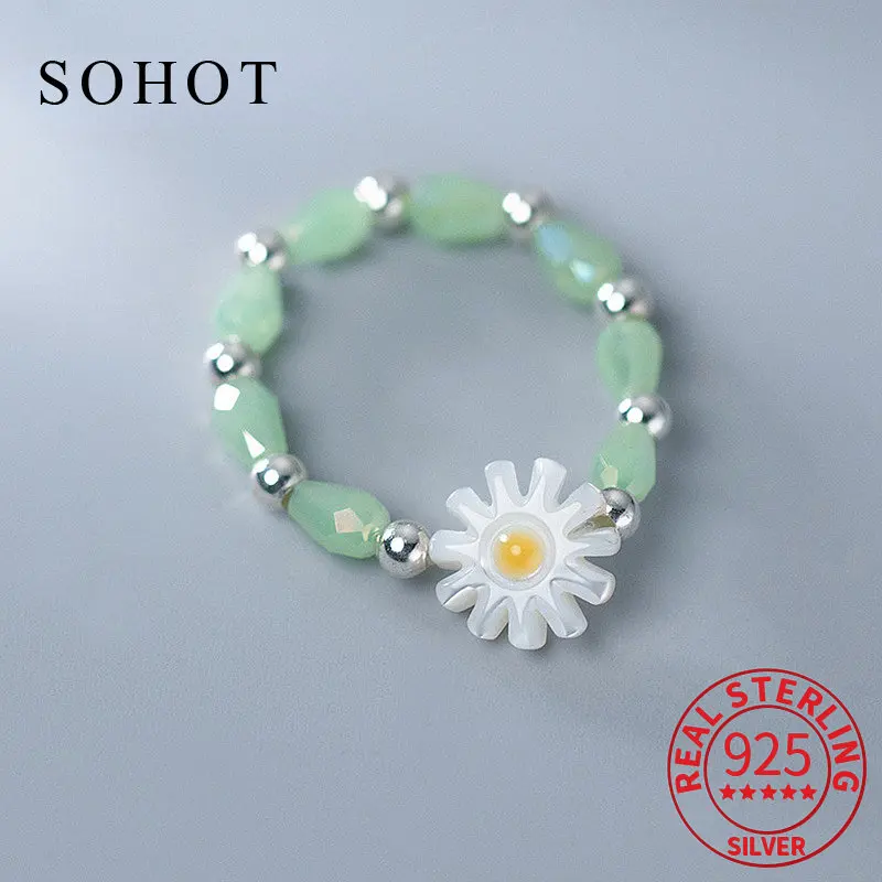 

INS Real 925 Sterling Silver Bead Flower Adjustable Ring For Women Classic Fine Jewelry Minimalist Geometric Bijoux