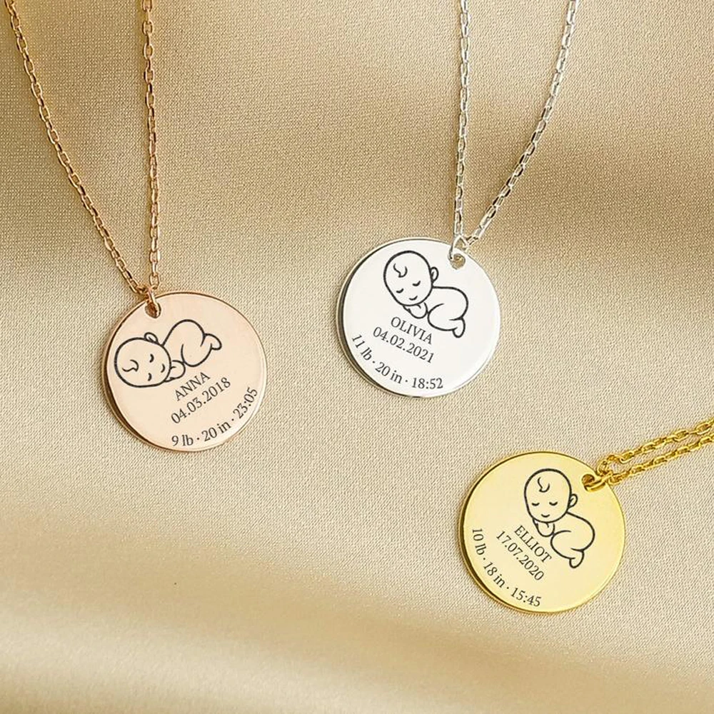 

Custom Necklace Stainless Steel Carved Baby Birth Data Pendant Choker Jewelry Newborn Gift Noms De Collier De Bébé Personnalisés