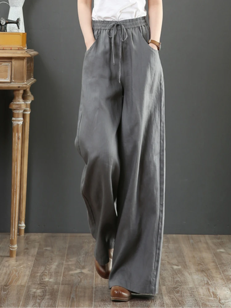 

Women Cotton Linen Pants Wide Leg Casual Baggy Bloomers Elegant Lace Up Spring Autumn Solid Drawstring Oversized Trousers Female
