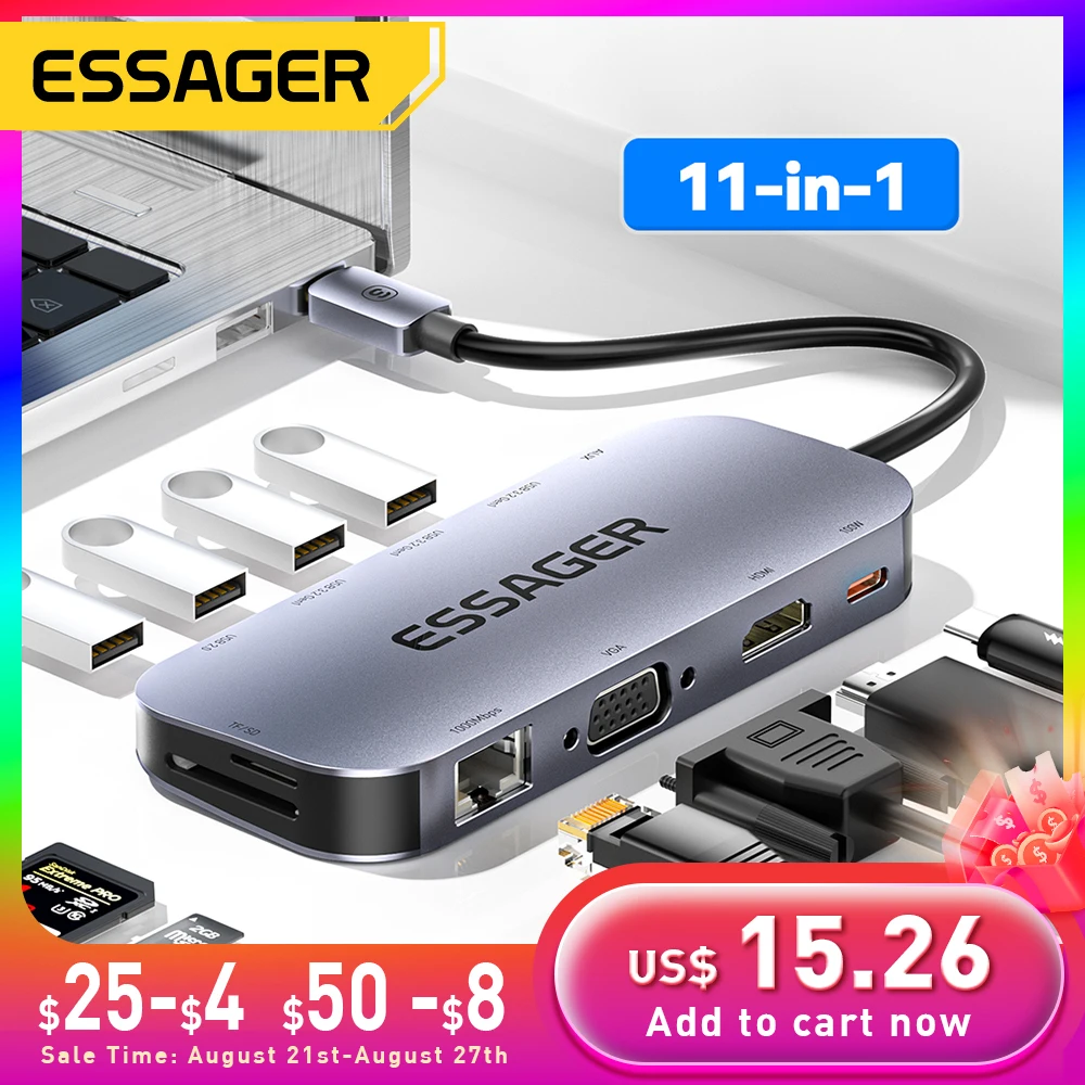 

Essager 11 in 1 USB C HUB 4K 30HZ Type C Docking Station For Macbook Air Pro Adapter Splitter For Laptops HDMI-Compatible RJ45
