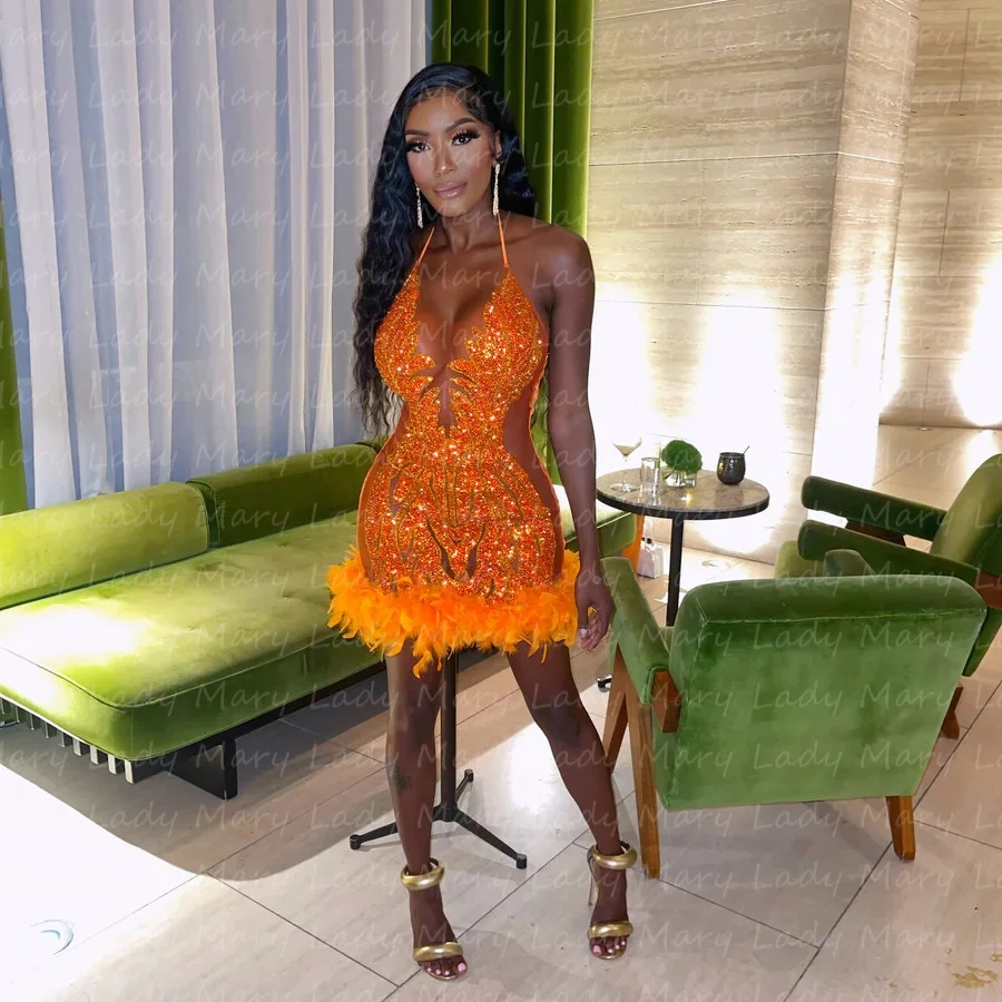 Оригинальные оранжевые Роскошные коктейльные платья с кристаллами бархатные