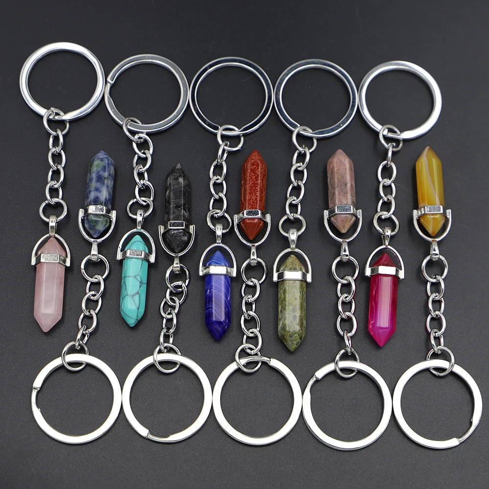 

Natural High QualitStone Hexagonal Column Keychain Fashion Crystal Pink Quartz Key Rings Accessory Jewelry Friends Gift Sell 1Pc