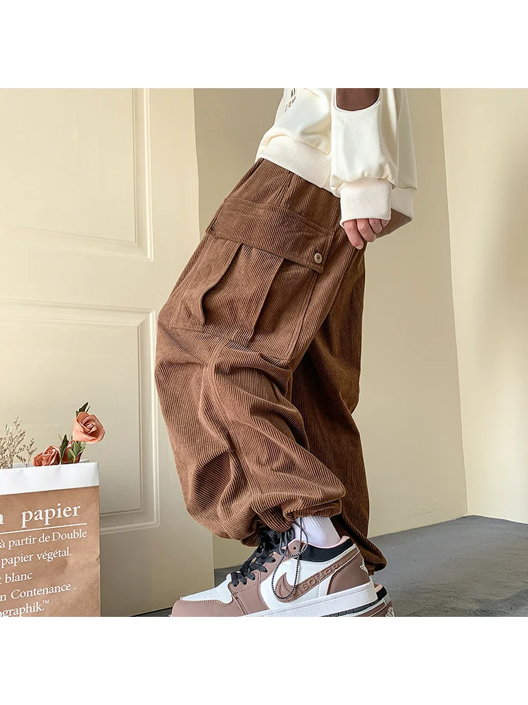 

Брюки-карго женские вельветовые в японском стиле, винтажные коричневые Джоггеры в стиле хип-хоп, свободные спортивные штаны в стиле Харадзюку