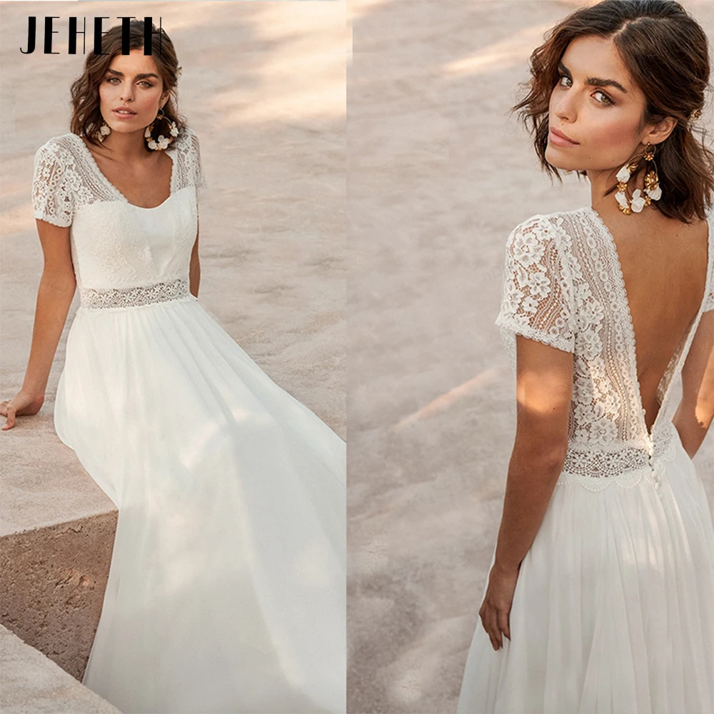 JEHETH Boho Short Sleeves Chiffon Wedding Dress V-Neck Backless Lace Beach Bridal Gown Floor Length vestidos de novia فستان 2022