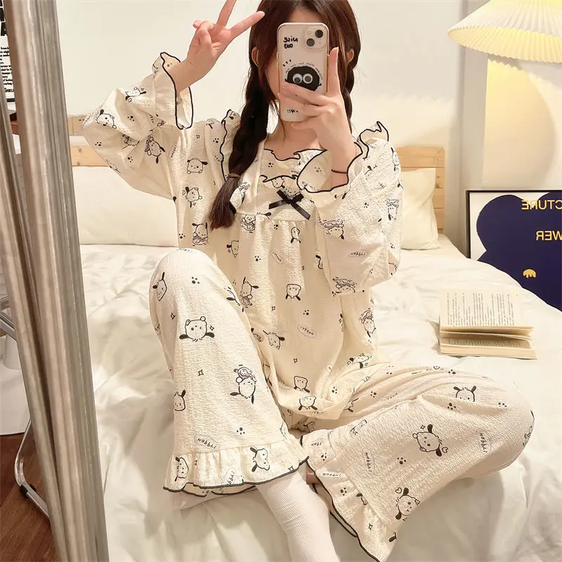 

Kawaii Sanrios Pachacco Pajamas Women's Autumn and Winter Cute Princess Style Cotton Gauze Sweet Homewear Long Sleeve Pants Set