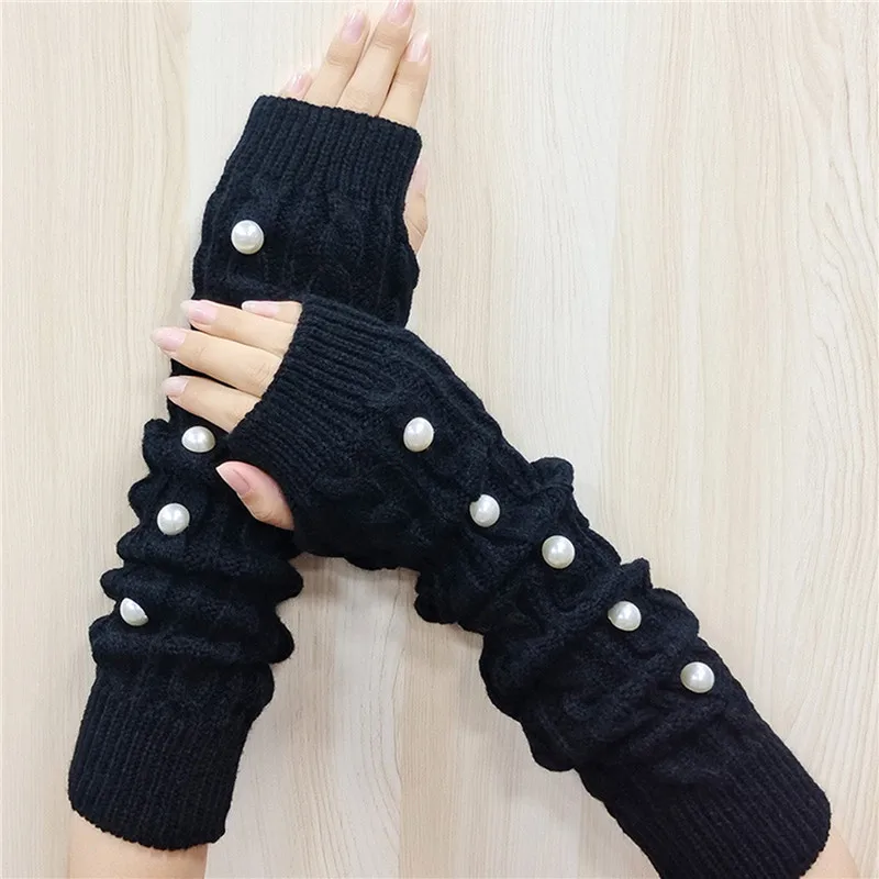 

1 пара осенне-зимние женские вязаные перчатки с рукавом до запястья, теплые длинные рукавицы до половины пальцев для девушек, эластичные перчатки с жемчугом