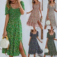 2022 new summer flroal print bohemian dress women short sleeve high waist dresses ladies casual sundress