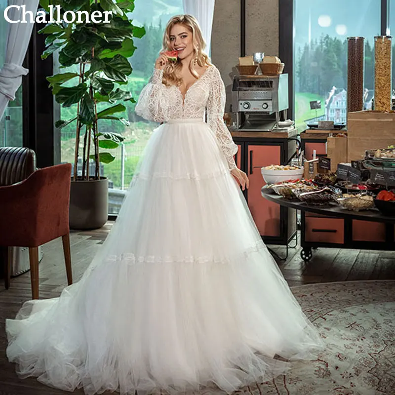

Challoner Boho Elegant Sexy V-neck Wedding Dresses 2022 For Women Lace Appliques Modern Long Sleeves Bridal Gowns Robe De Marié