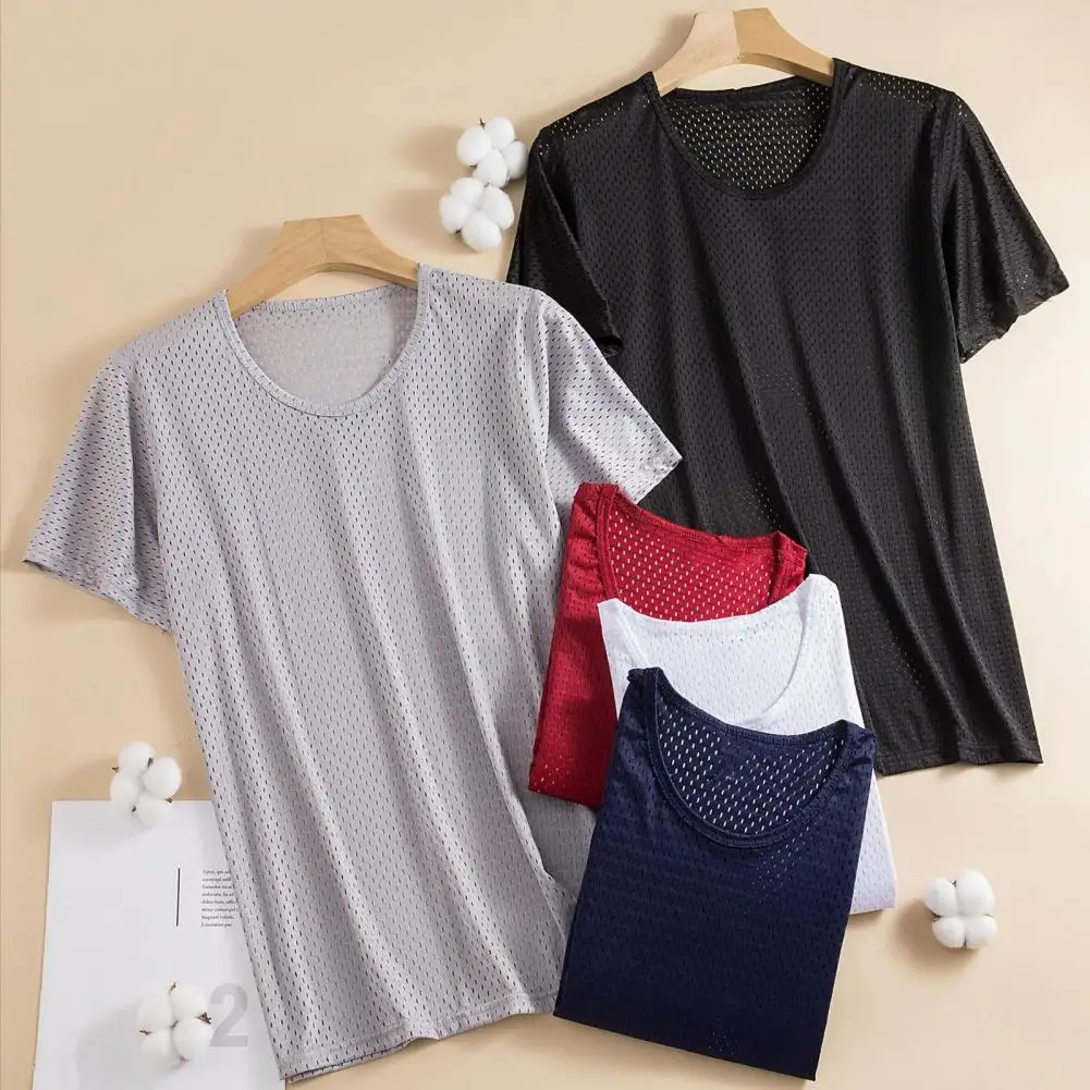 

O-Neck Shirt Short Sleeve Men Tops Solid Color Hollow Mesh Elastic Ice Silk Quick Drying T-shirt Streetwear