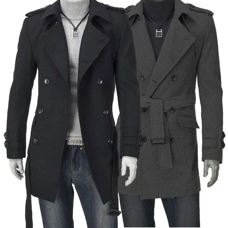 Black grey Autumn winter trench slim medium-long coats overcoat woolen men's clothing outerwear winter coat men wool coat 2XL