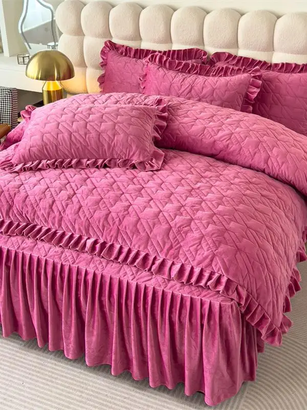 Winter Milk Crystal Velvet Bed Skirt One-Piece Flange Coral Fleece Quilted Lace Fitted Sheet Two-in-One Mengsi Cover