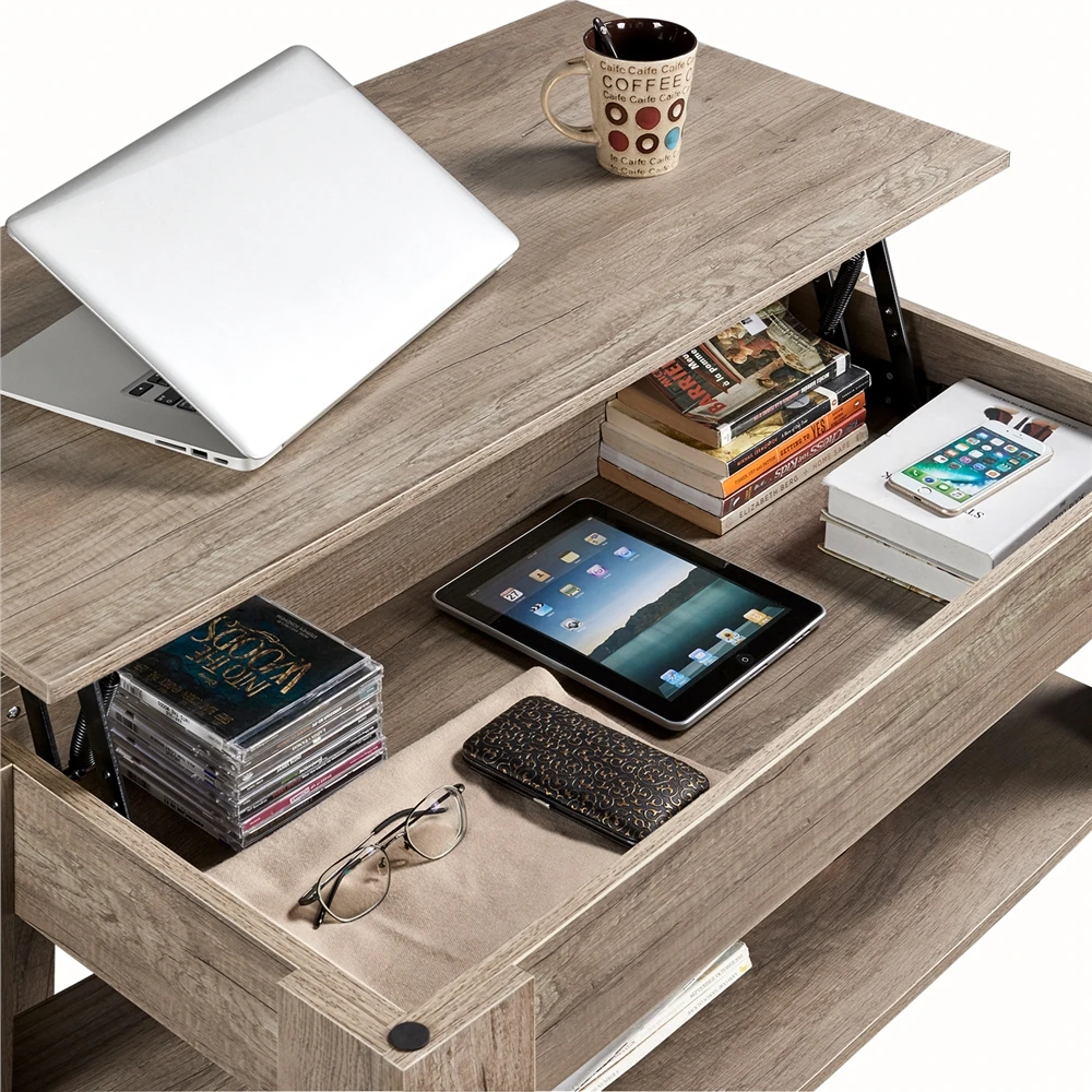 

Modern 38.6" Wood Lift Top Coffee Table with Lower Shelf, Rustic Gray
