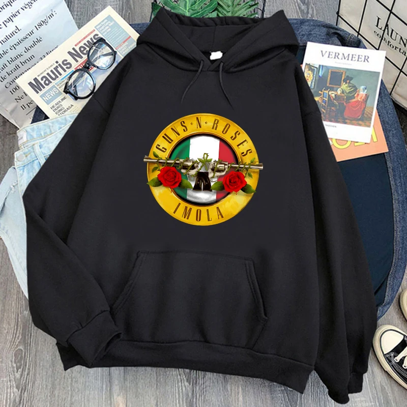 

Guns N Music Band Hoodies Casual Mens Hip Hop Hooded Sweatshirts Skeleton SKULL and Rose Print Pullovers Streetwear Male Clothes